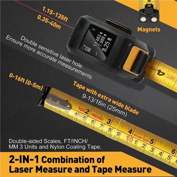 2-in-1 Laser Tape Measure, 135Ft Rechargeable Laser Measurement Tool & 16Ft Tape - Picture 4 of 6